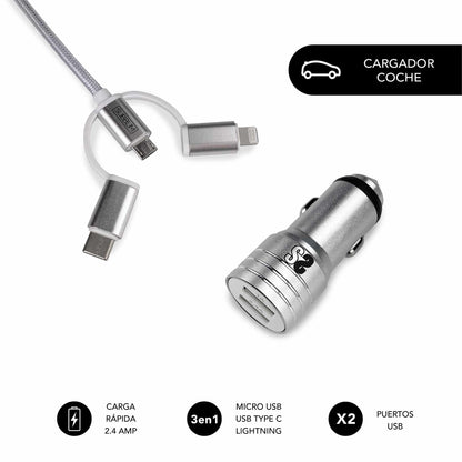 Cargador de Coche SUBBLIM 2xUSB-A Cable 3en1 (4CC001) (SUB-CHG-4CC001)