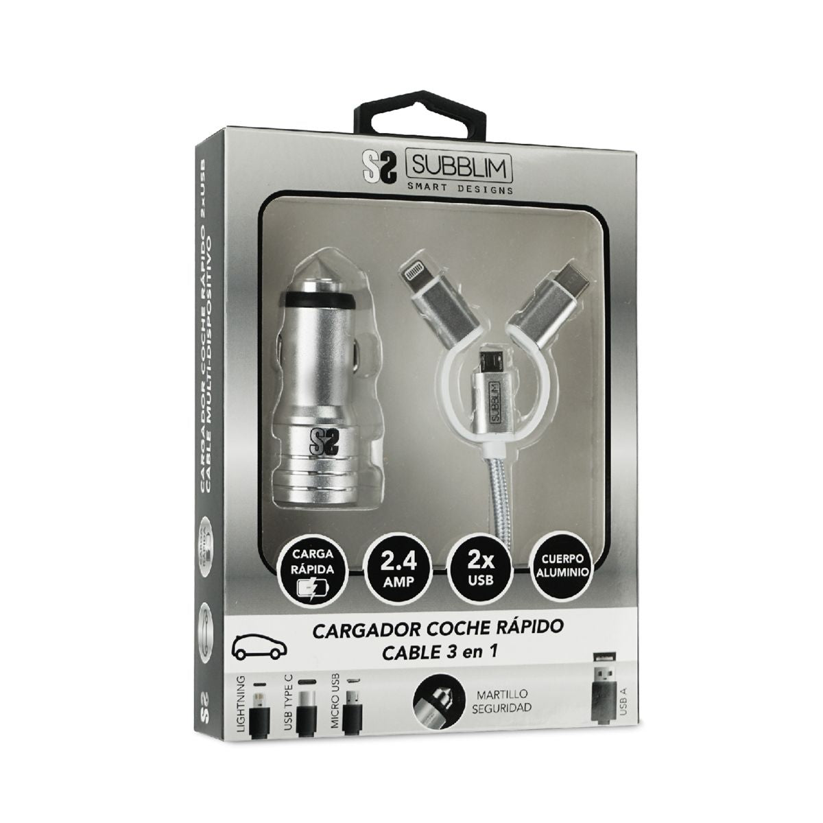 Cargador de Coche SUBBLIM 2xUSB-A Cable 3en1 (4CC001)