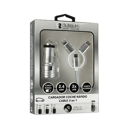 Cargador de Coche SUBBLIM 2xUSB-A Cable 3en1 (4CC001)