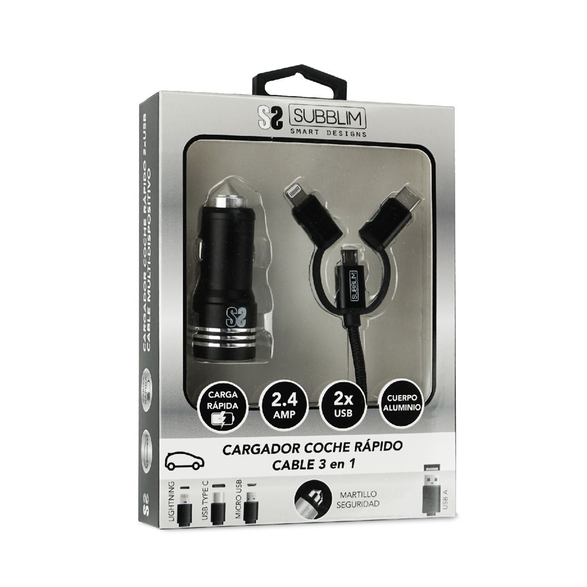 Cargador de Coche SUBBLIM USB-A 3en1 (SUB-CHG-4CC002)