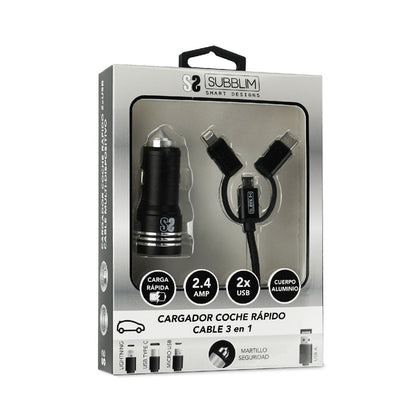 Cargador de Coche SUBBLIM USB-A 3en1 (SUB-CHG-4CC002)