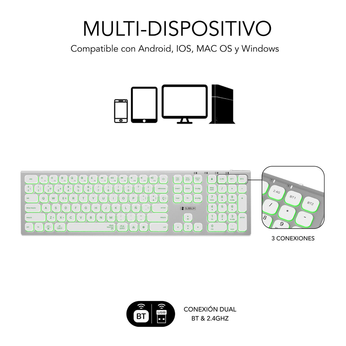 Teclado SUBBLIM Master BT Plata/Blanco (SUBKB-3MIE300)