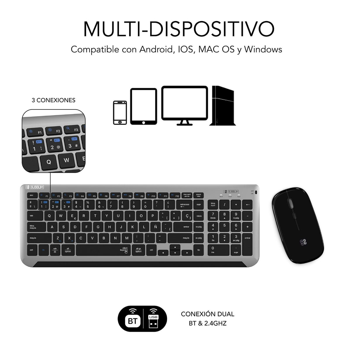 T+Ratón SUBBLIM Dual Prestige Negro/Gris(SUBKBC-DCEP20)