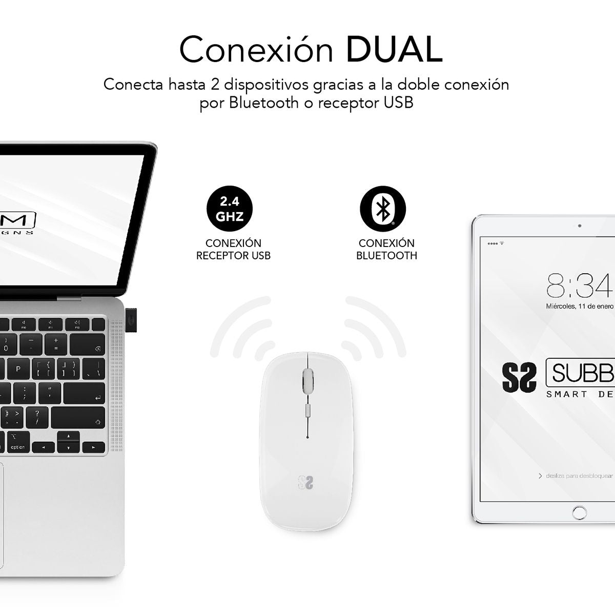 Ratón SUBBLIM Óptico BT 1600dpi Blanco (SUBMO-DFLAT21)