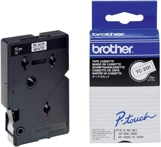 Brother TC201 Original Laminated Label Tape - Black Text on White Background - 12mm x 7m Width