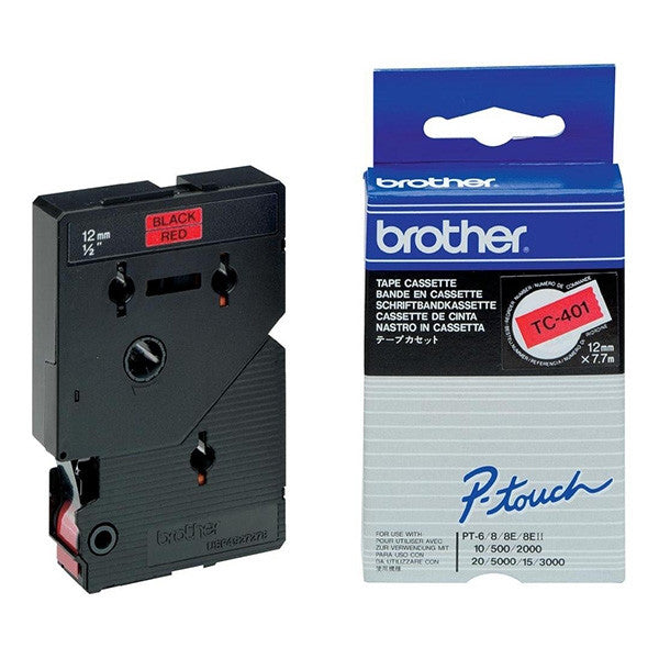 Brother TC401 Original Laminated Label Tape - Black Text on Red Background - 12mm x 7m Width