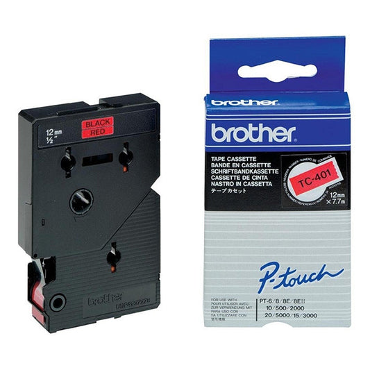Brother TC401 Original Laminated Label Tape - Black Text on Red Background - 12mm x 7m Width