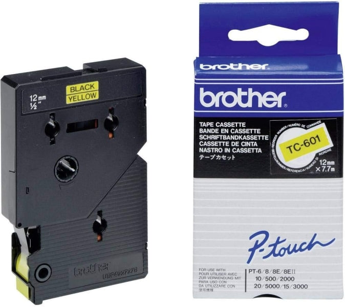 Brother TC601 Original Laminated Label Tape - Black Text on Yellow Background - 12mm x 7m Width
