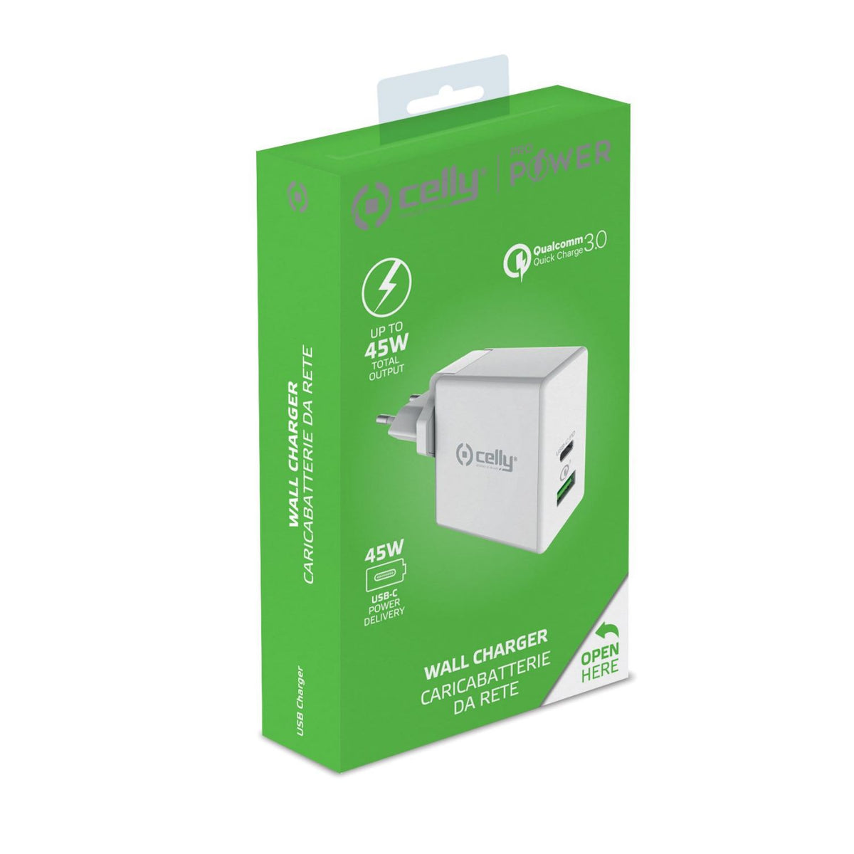 Cargador Pared CELLY 45W 1xUSB-C 1xUSB-A (TCUSBC45WWH)