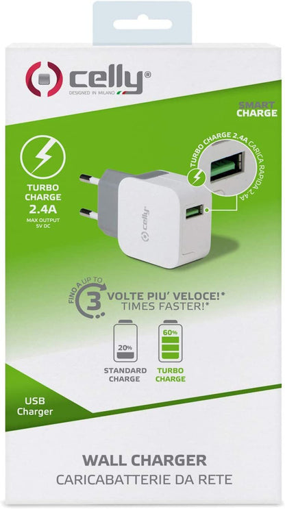 Cargador de Pared CELLY 1xUSB-A Blanco (TCUSBTURBO)