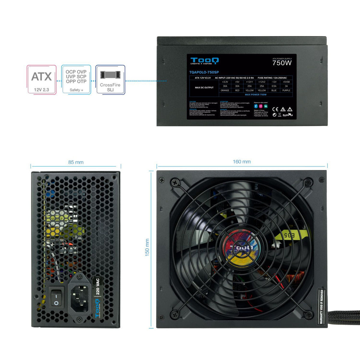 Fuente TooQ ATX 750W PFC 140mm Negra (TQAPOLO-750SP)