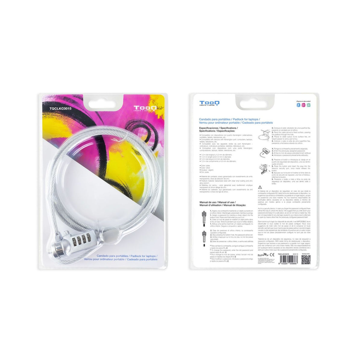 CABLE SEGURIDAD TOOQ PORTATIL COMBINACION 1.5M
