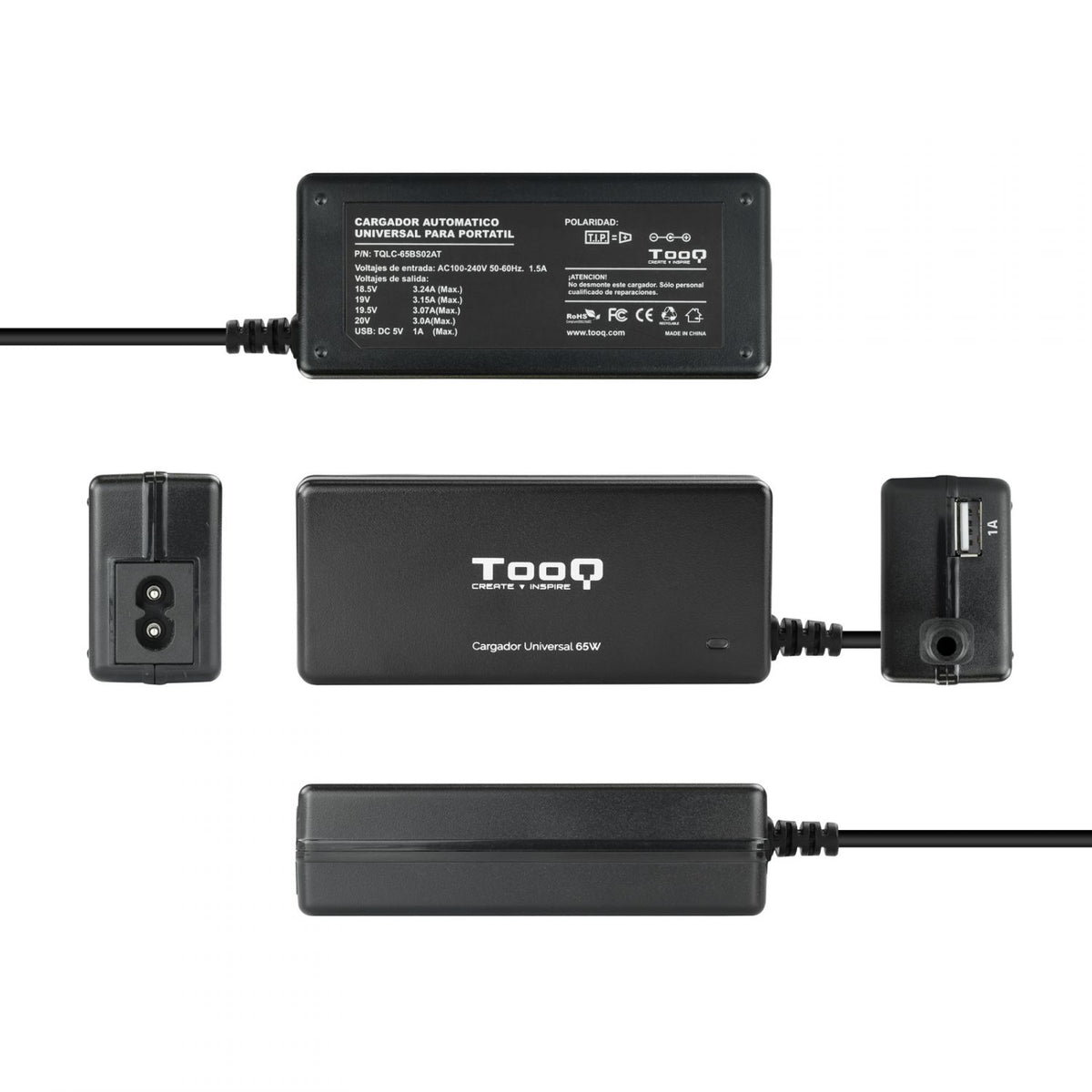 Cargador TooQ 65W 8 DC 1xUSB Negro (TQLC-65BS02AT)