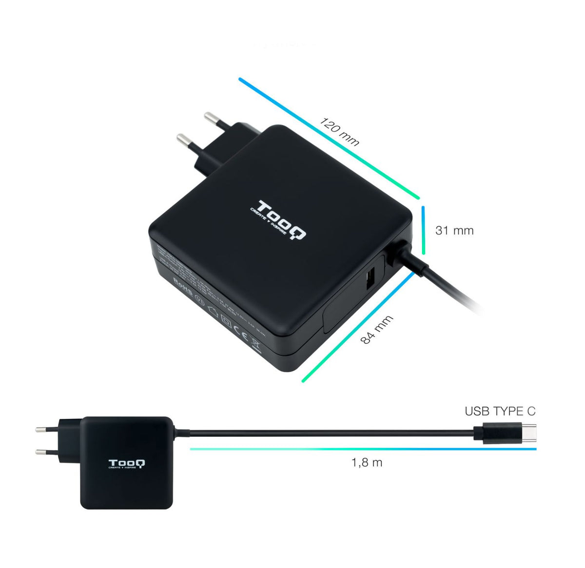 Cargador TooQ 90W USB-C PD 3.0 Negro (TQLC-USBC90PD)