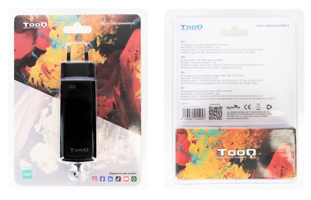 Cargador TooQ USB-C PD 45W Negro (TQLC-USBCGAN45PD-C)