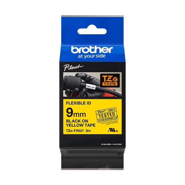 Brother TZeFX621 Original Flexible Laminated Label Tape - Black Text on Yellow Background - 9mm x 8m Width