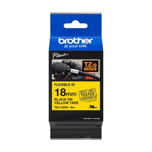 Brother TZeFX641 Original Flexible Laminated Label Tape - Black Text on Yellow Background - 18mm x 8m Width