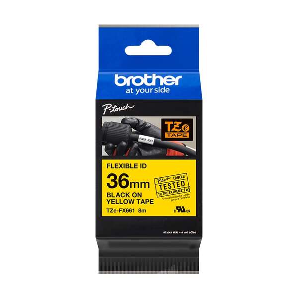 Brother TZeFX661 Original Flexible Laminated Label Tape - Black Text on Yellow Background - Width 36mm x 8 meters