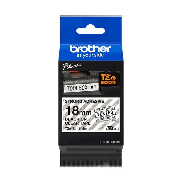 Brother TZeS141 Original Super Adhesive Laminated Label Tape - Black Text on Transparent Background - Width 18mm x 8 meters