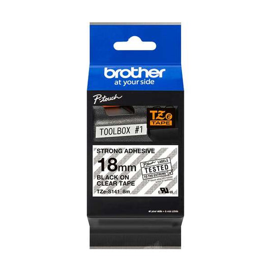 Brother TZeS141 Original Super Adhesive Laminated Label Tape - Black Text on Transparent Background - Width 18mm x 8 meters