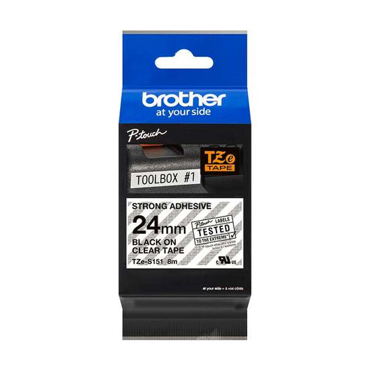 Brother TZeS151 Original Super Adhesive Laminated Label Tape - Black Text on Transparent Background - Width 24mm x 8 meters