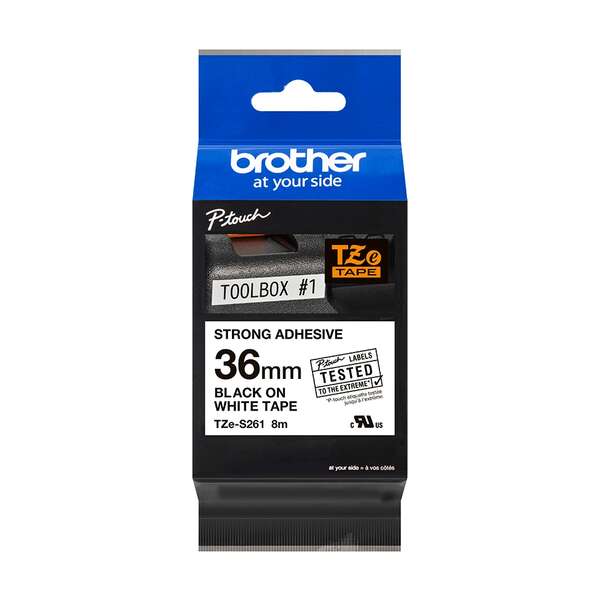 Brother TZeS261 Original Super Adhesive Laminated Label Tape - Black Text on White Background - Width 36mm x 8 meters