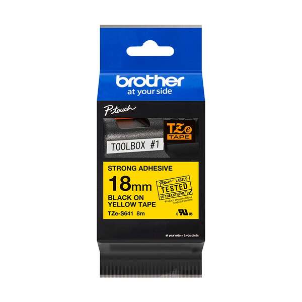 Brother TZeS641 Original Super Adhesive Laminated Label Tape - Black Text on Yellow Background - Width 18mm x 8 meters