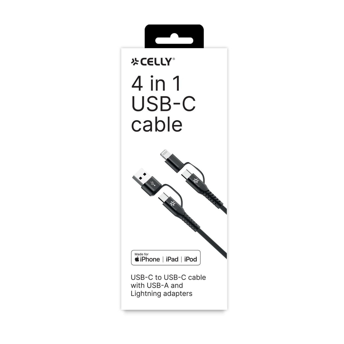 Cable CELLY USB-A/C a USB-C/Lightning 35W (USBC4IN1BK)
