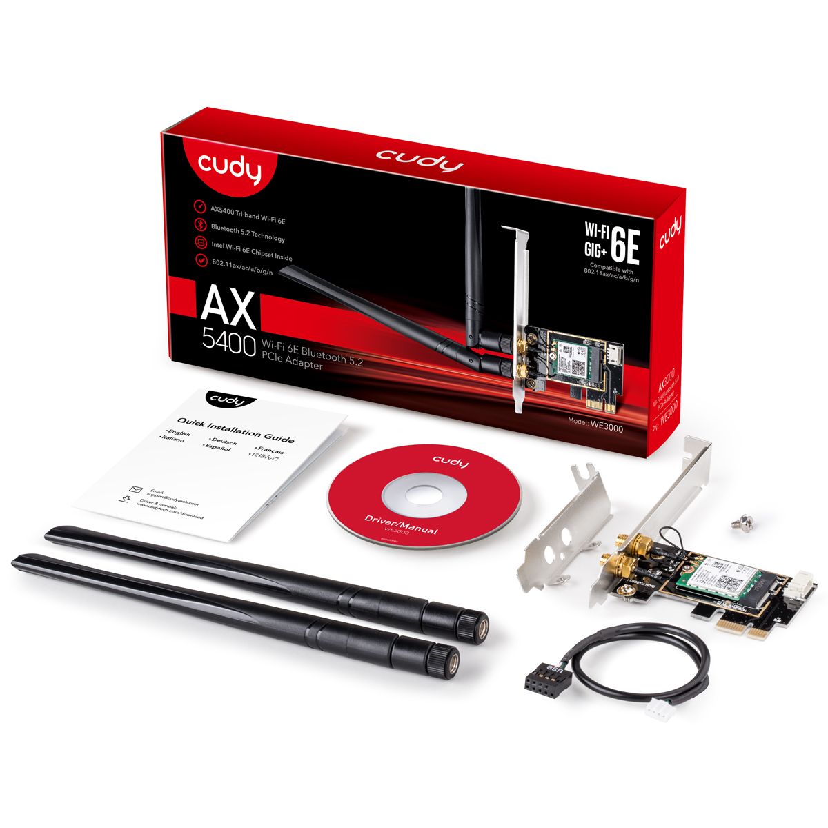 Adaptador CUDY AX5400 PCIe WiFi 6E BT Negro (WE3000)
