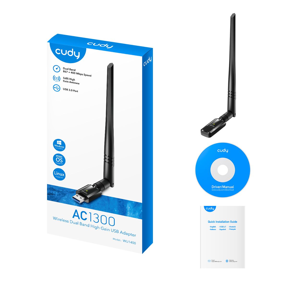 Adaptador CUDY AC1300 WiFi DualBand USB2.0/3.0 (WU1400)