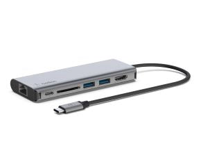 Docking station desde USB-C macho a ethernet hembra 10/100/1000mbps, USB-C hembra, USB a, HDMI y SD color gris