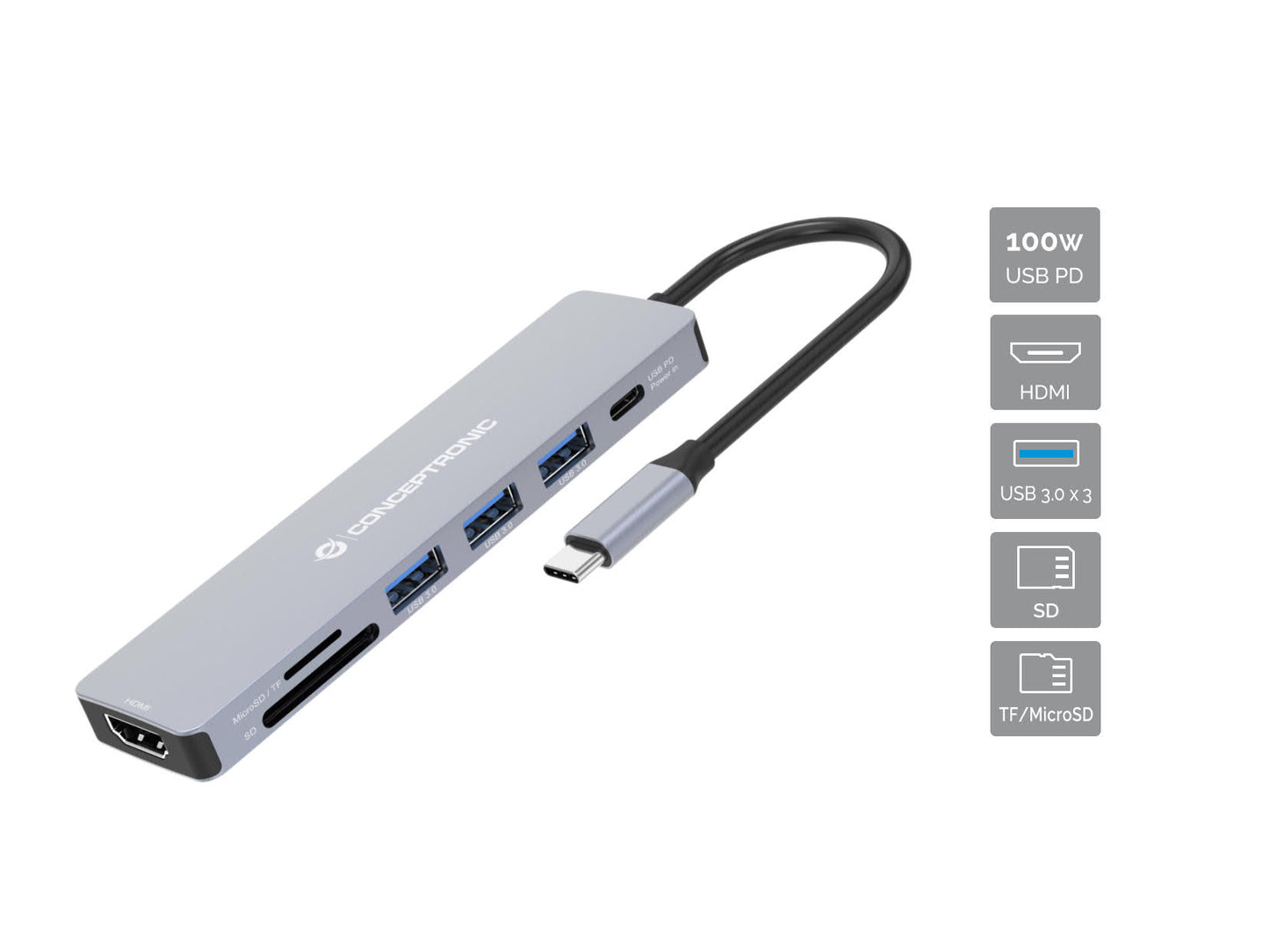 Adaptador CONCEPTRONIC USB-C 7en1 100W Gris (DONN19G)