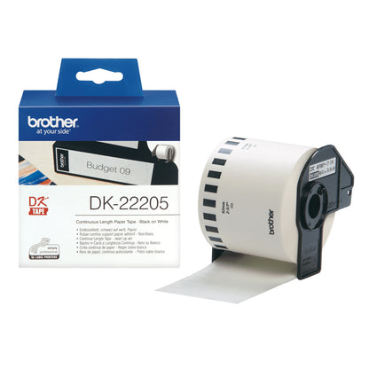 Brother DK22205 - Original Custom Size Labels - Width 62mm x 30.48 meters - Black text on white background