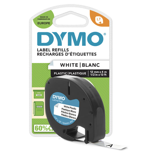 Dymo LetraTag S0721610/S0721660 Cinta de Etiquetas Original para Rotuladora - Texto negro sobre fondo blanco - Ancho 12mm x 4 metros (91201/91221). 12mm * 4m