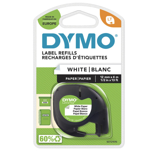Dymo LetraTag S0721510 Cinta de Etiquetas Original para Rotuladora - Texto negro sobre fondo blanco - Ancho 12mm x 4 metros (91200). 12mm * 4m