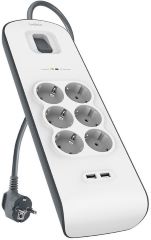 Regleta de proteccion contra sobretensiones con seis tomas de enchufe, dos puertos USB a 2.4 a con interruptor de encendido/apagado cable de 2 metros color blanco/gris