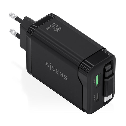 AISENS GaN 65W Charger 1xUSB-A 1xUSB-C Retractable Cable