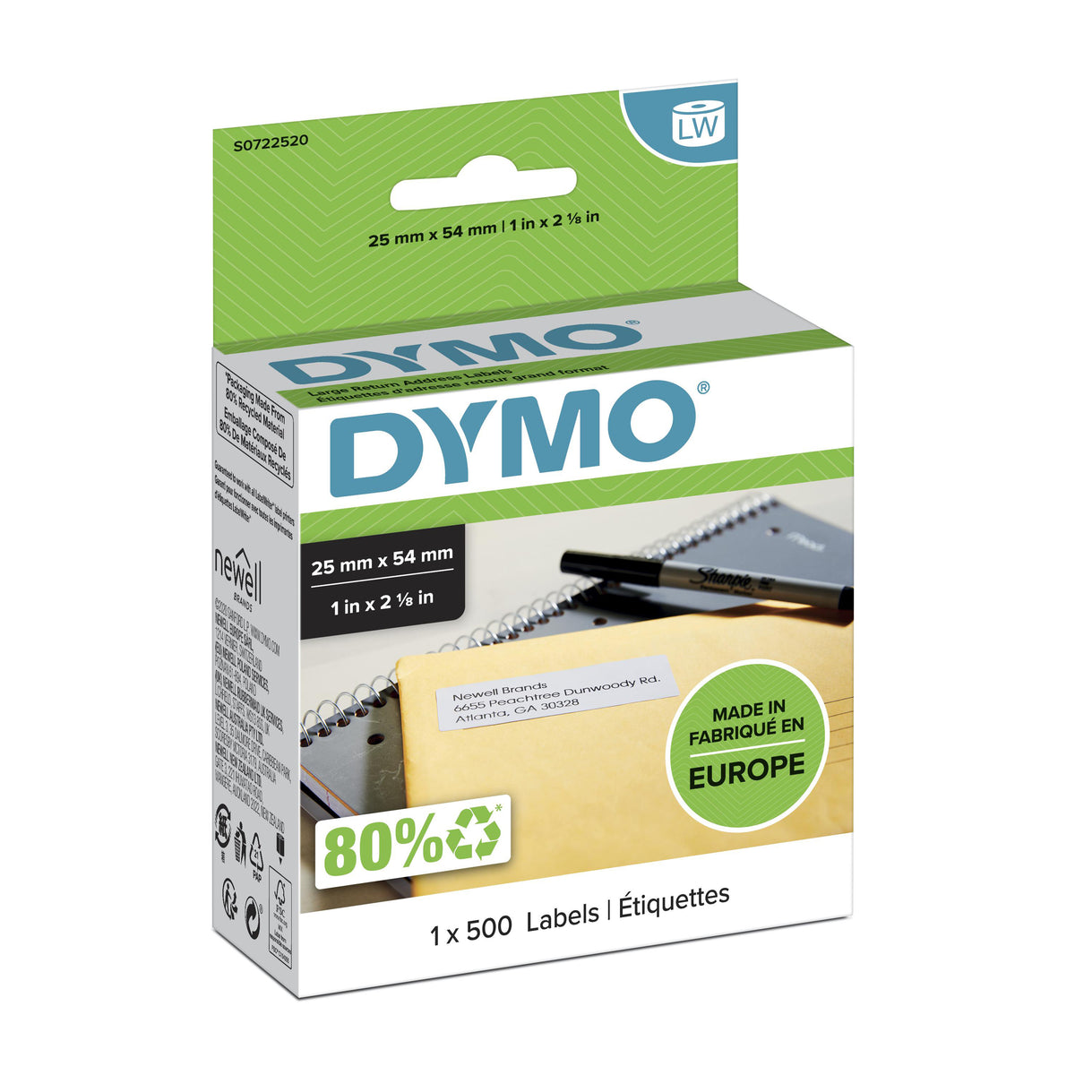 Dymo LabelWriter 11352 Etiquetas Originales Multiusos Autoadhesivas - 25x54mm - 500 Unidades - S0722520. 25mm * 54mm (500 unidades)
