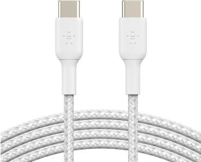 Cable desde USB-C macho a USB-C macho longitud 1 metro exterior trenzado carga rapida color blanco