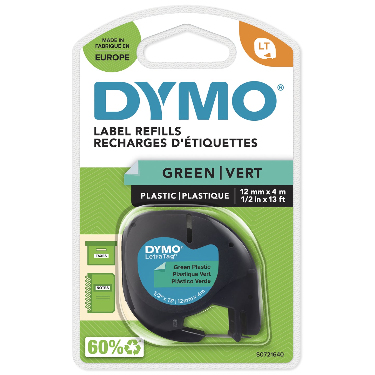 Dymo LetraTag S0721640 Cinta de Etiquetas Original para Rotuladora - Texto negro sobre fondo verde - Ancho 12mm x 4 metros (91204). 12mm * 4m