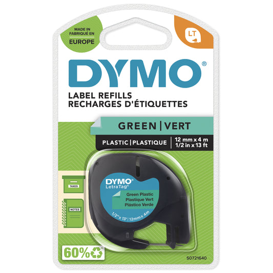 Dymo LetraTag S0721640 Cinta de Etiquetas Original para Rotuladora - Texto negro sobre fondo verde - Ancho 12mm x 4 metros (91204). 12mm * 4m