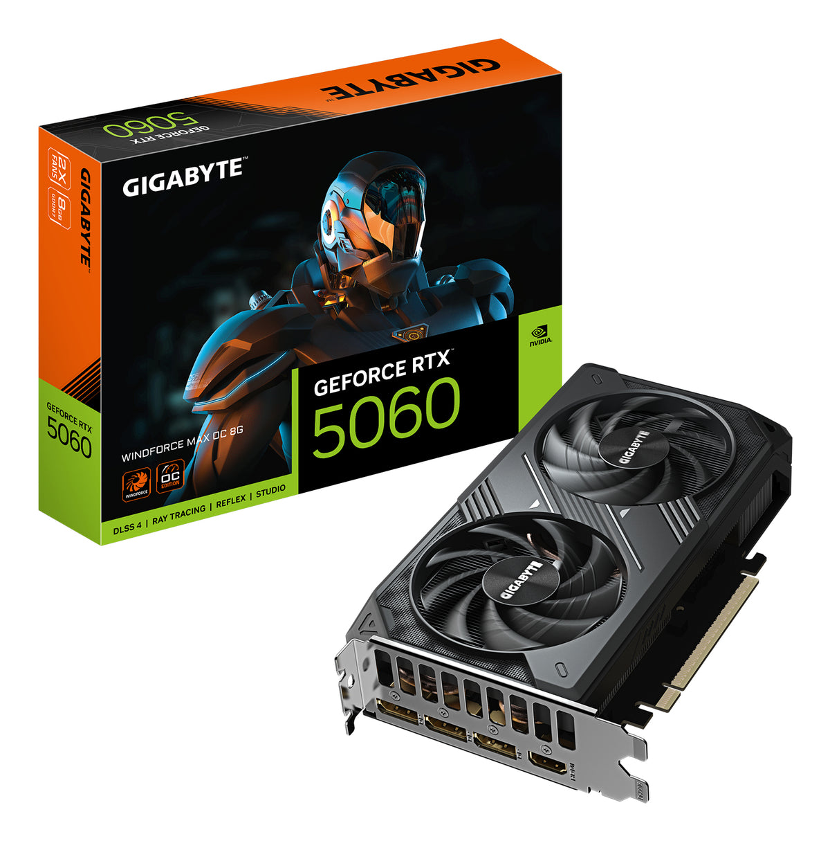 GIGABYTE tarjeta grafica geforce rtx 5060 windforce max oc 8gb gddr7 dual fan reloj 2512 mhz velocidad de memoria 28gps 128-bit resolucion 7680 x 4320 entrada de alimentacion uno de 8 pines salidas displayport 1.4a (x3), hdmi 2.1a multipantalla 4 (GV-N506