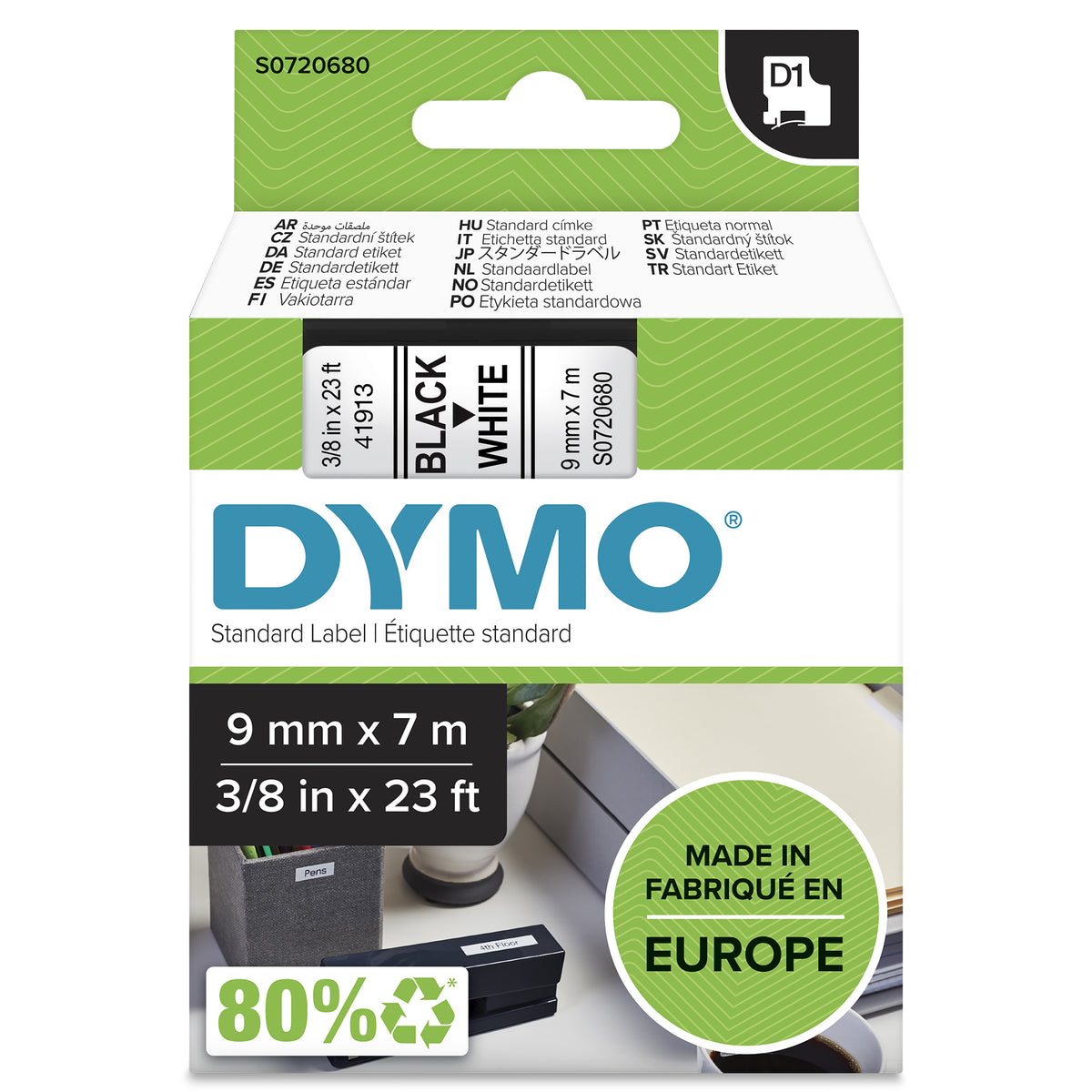 Dymo D1 40913 Cinta de Etiquetas Original para Rotuladora - Texto negro sobre fondo blanco - Ancho 9mm x 7 metros - S0720680. 9mm * 7m