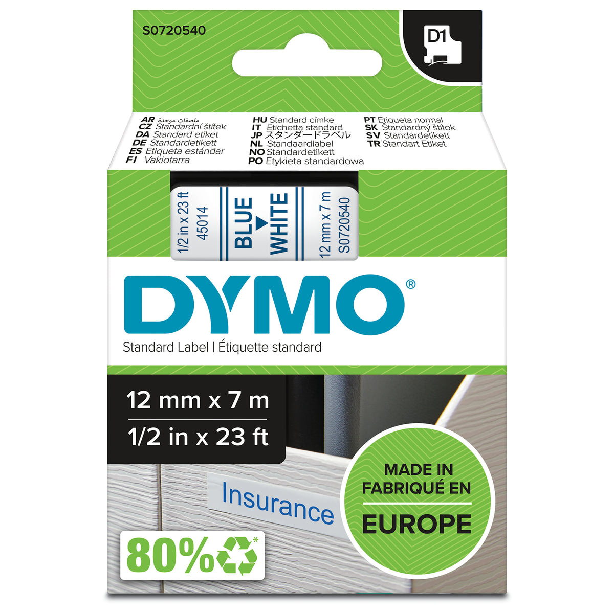 Dymo D1 Cinta de Etiquetas Original para Rotuladora - Texto Azul sobre Fondo Blanco - Ancho 12mm x 7 metros - S0720540. 12mm * 7m