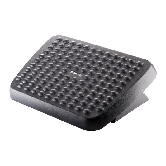Ergonomic adjustable footrest, height-adjustable, two-position with self-massaging surface if used barefoot, and adjustable tilt angle, black