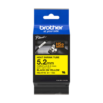Brother HSE211E Cinta Tubo Termorretractil Original de Etiquetas para Cables - Texto negro sobre fondo blanco - Ancho 5.2mm x 1.5 metros - Cable recomendado Diametro 0.8mm a 3.1mm