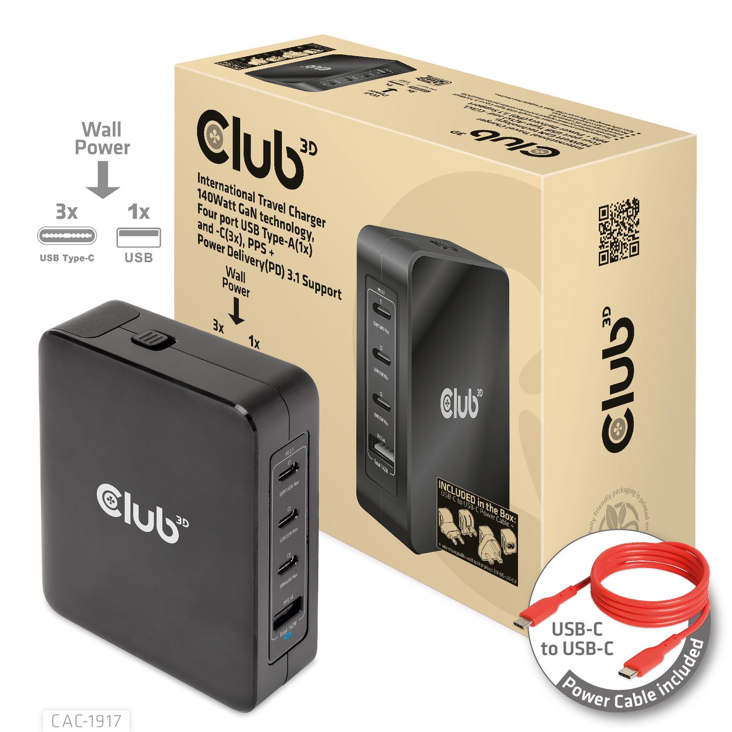 Club 3D 140W 3xUSB-C+1xUSB-A Travel Charger (CAC-1917)