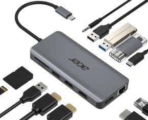Docking station USB-C a 2xHDMI 2xUSB-A 3.2 2xUSB-A 2.0 USB-C LAN gbe lector de tarjeta SD tf/micro SD audio windows, mac os, chrome os