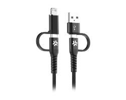 Cable CELLY USB-A/C a USB-C/Lightning 35W (USBC4IN1BK)