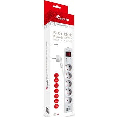 Regleta cinco tomas de enchufe schuko proteccion contra voltaje + 2 puertos de alimentacion USB con interruptor cable 1.5 metros blanco